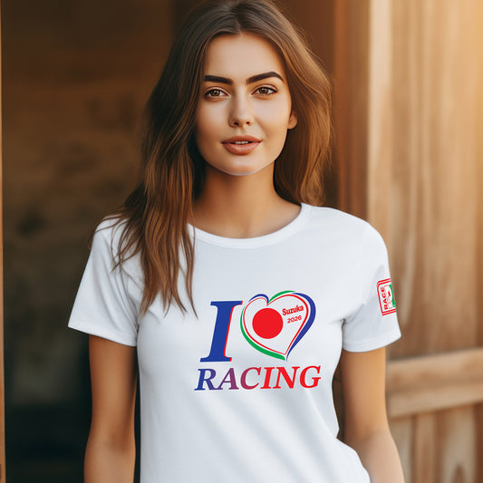 Female model wearing a white unisex racing t-shirt with I Love Racing graphic and Japan-inspired heart, Suzuka Track Week 2026
