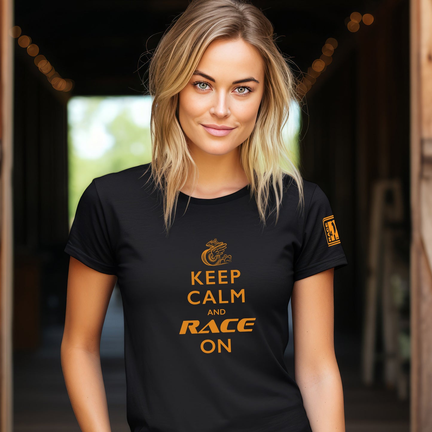 Woman wearing Keep Calm and Race On black tee – Race4P1 Originals motorsport lifestyle tee with papaya orange print
