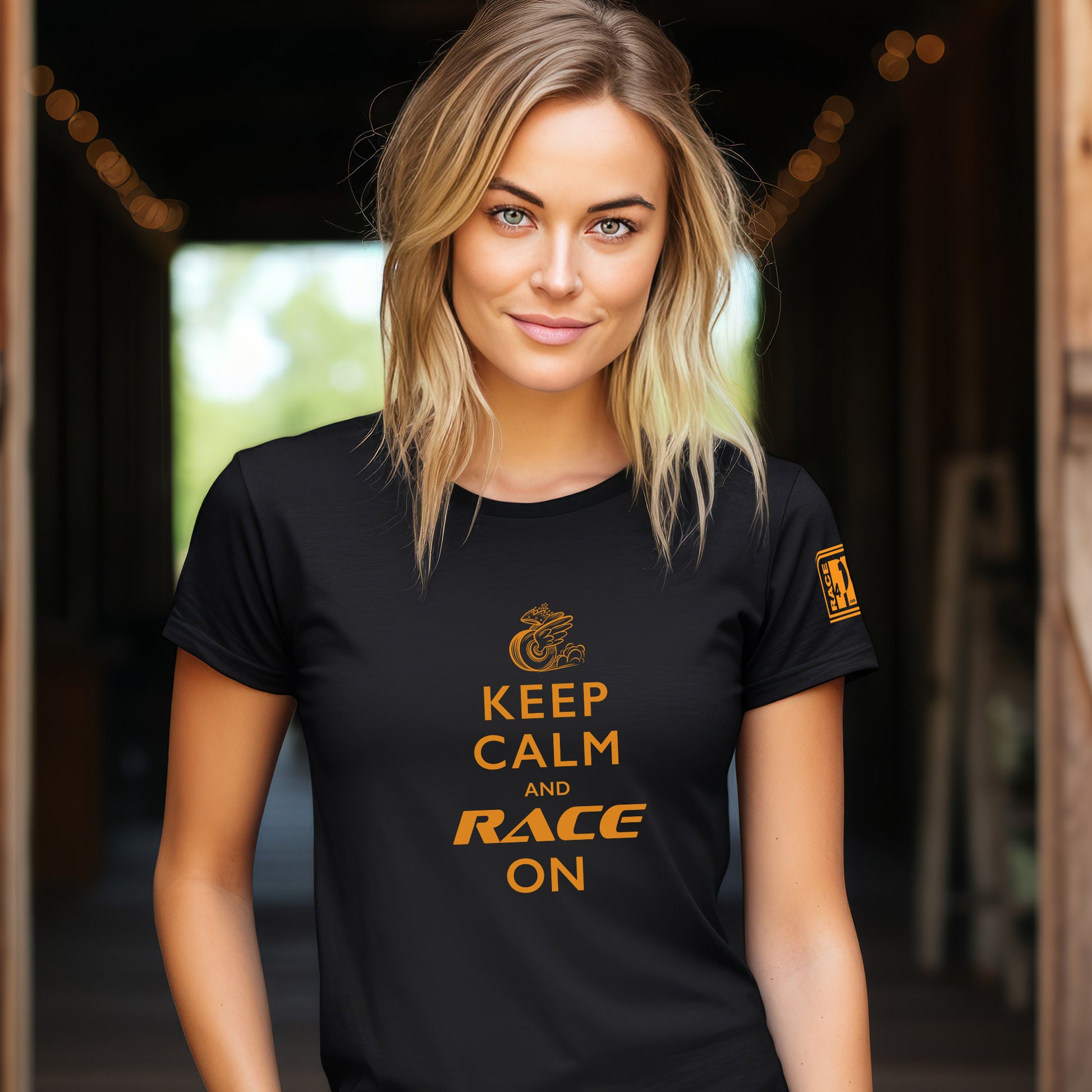 Woman wearing Keep Calm and Race On black tee – Race4P1 Originals motorsport lifestyle tee with papaya orange print