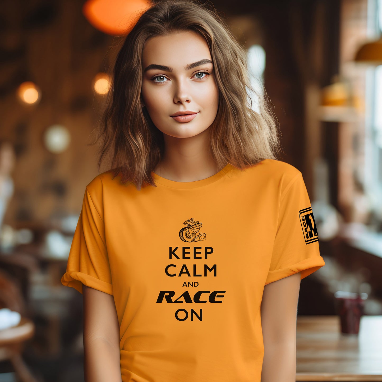 Woman wearing Keep Calm and Race On papaya orange tee – Race4P1 Originals motorsport lifestyle tee with black print