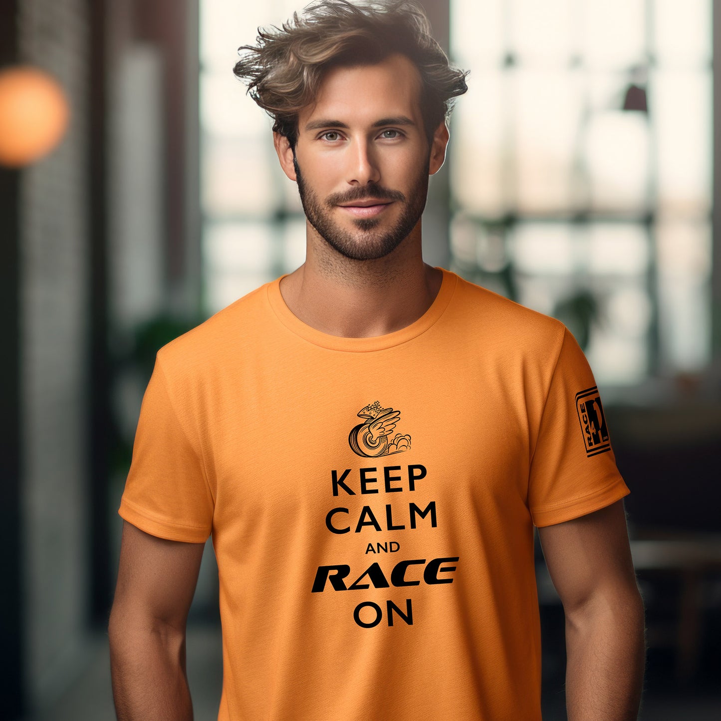 Man wearing Keep Calm and Race On papaya orange tee – Race4P1 Originals motorsport lifestyle tee with black print