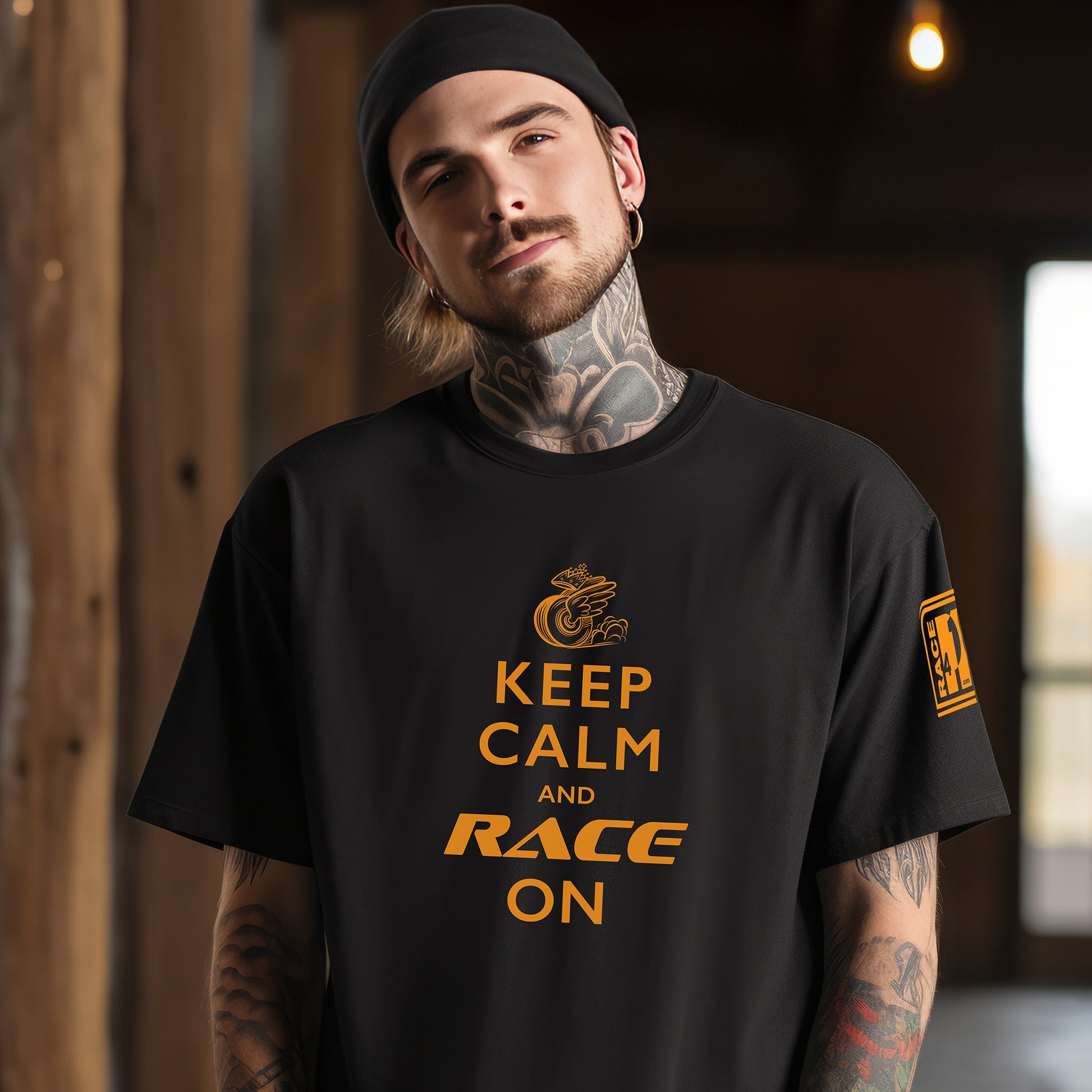 Man wearing Keep Calm and Race On black tee – Race4P1 Originals motorsport lifestyle tee with papaya orange print