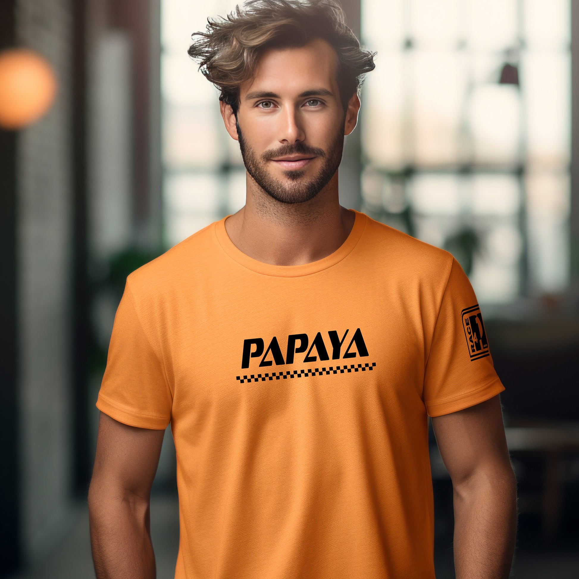 Man wearing PAPAYA wordmark papaya orange tee – Race4P1 Originals motorsport lifestyle tee with black print