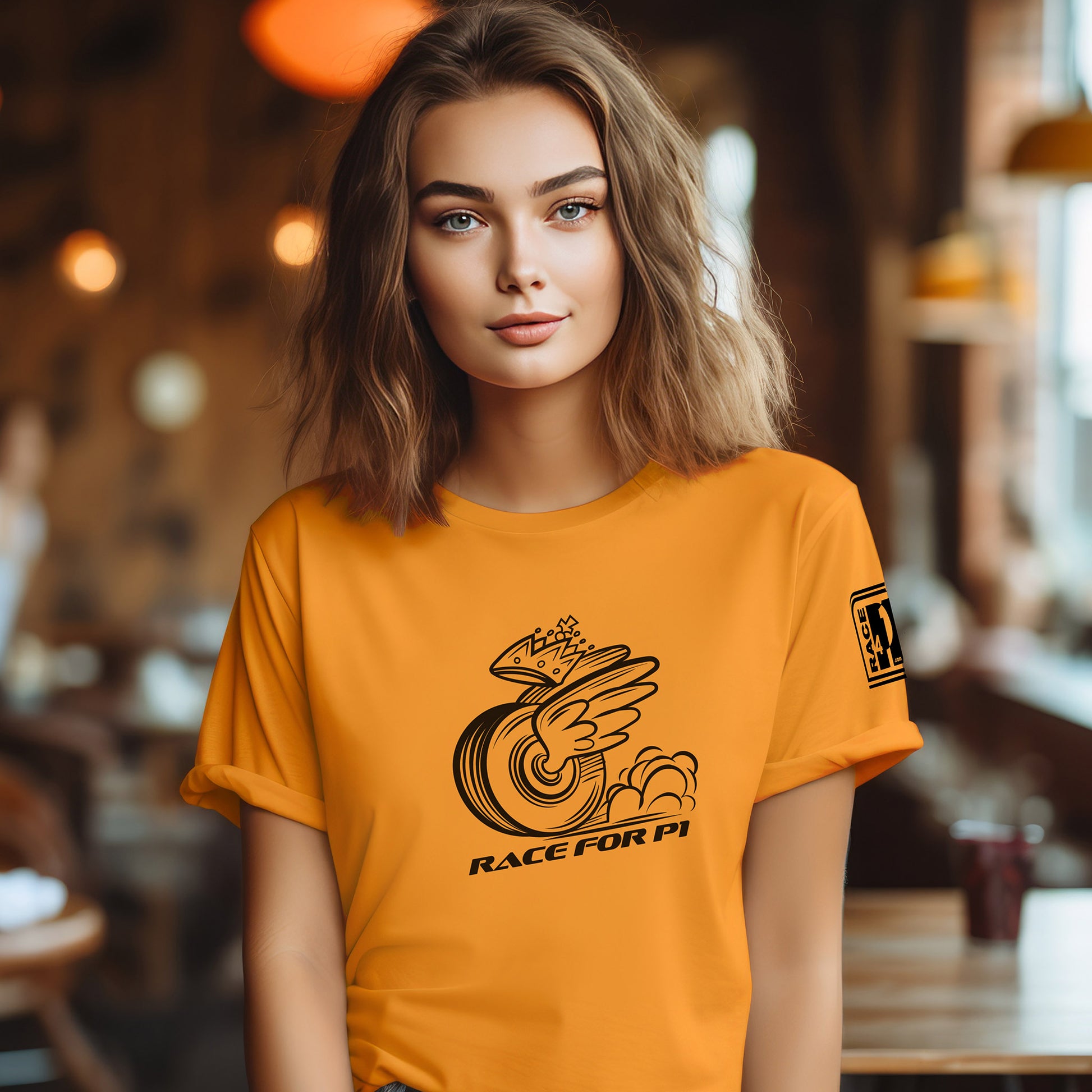 Woman wearing RACE FOR P1 mascot papaya orange tee – Race4P1 Originals motorsport lifestyle tee with black print