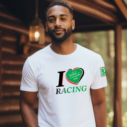 Male model wearing a White unisex racing t-shirt with I Love Racing graphic and Jeddah Corniche heart, Jeddah Track Week 2026