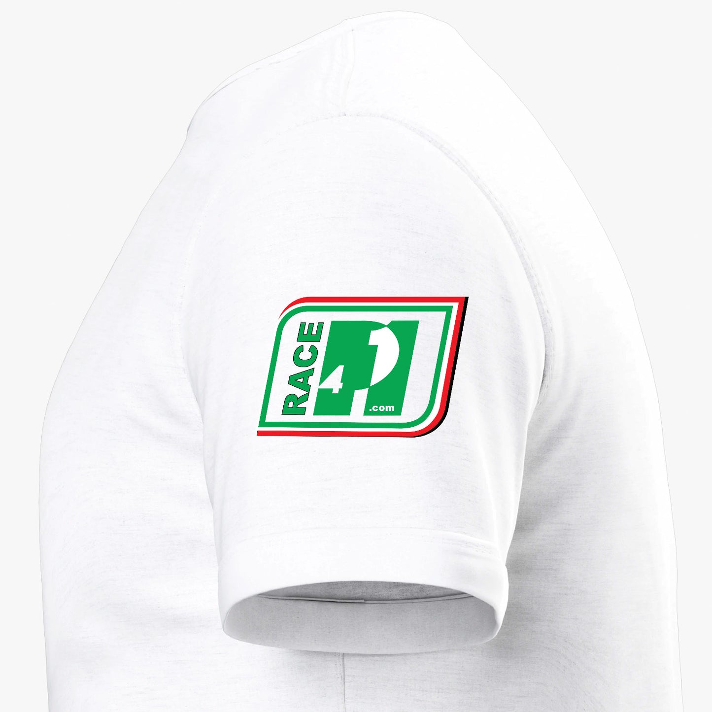 Close-up of Race4P1 sleeve patch on a white I Love Racing Jeddah Cornice Track Week 2026 t-shirt