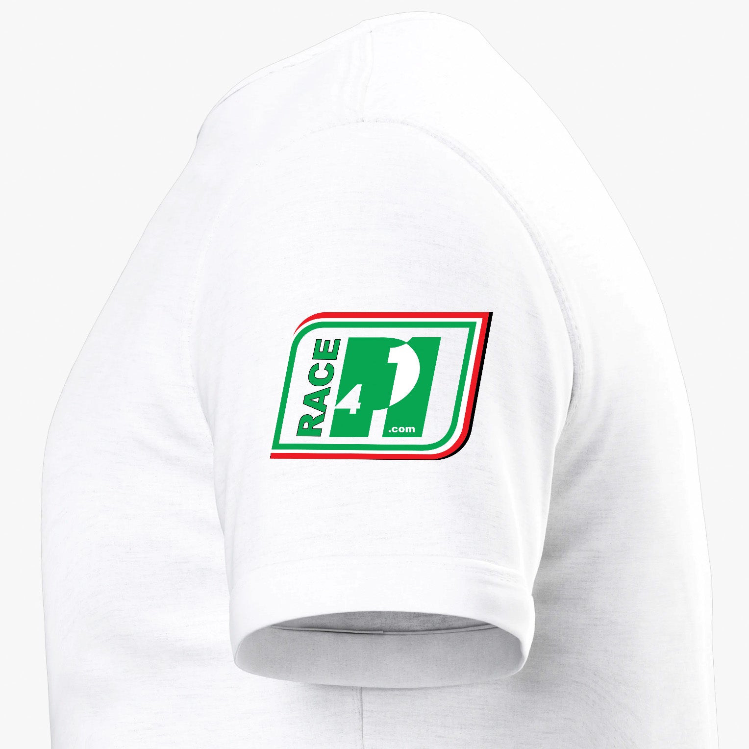 Close-up of Race4P1 sleeve patch on a white I Love Racing Jeddah Cornice Track Week 2026 t-shirt