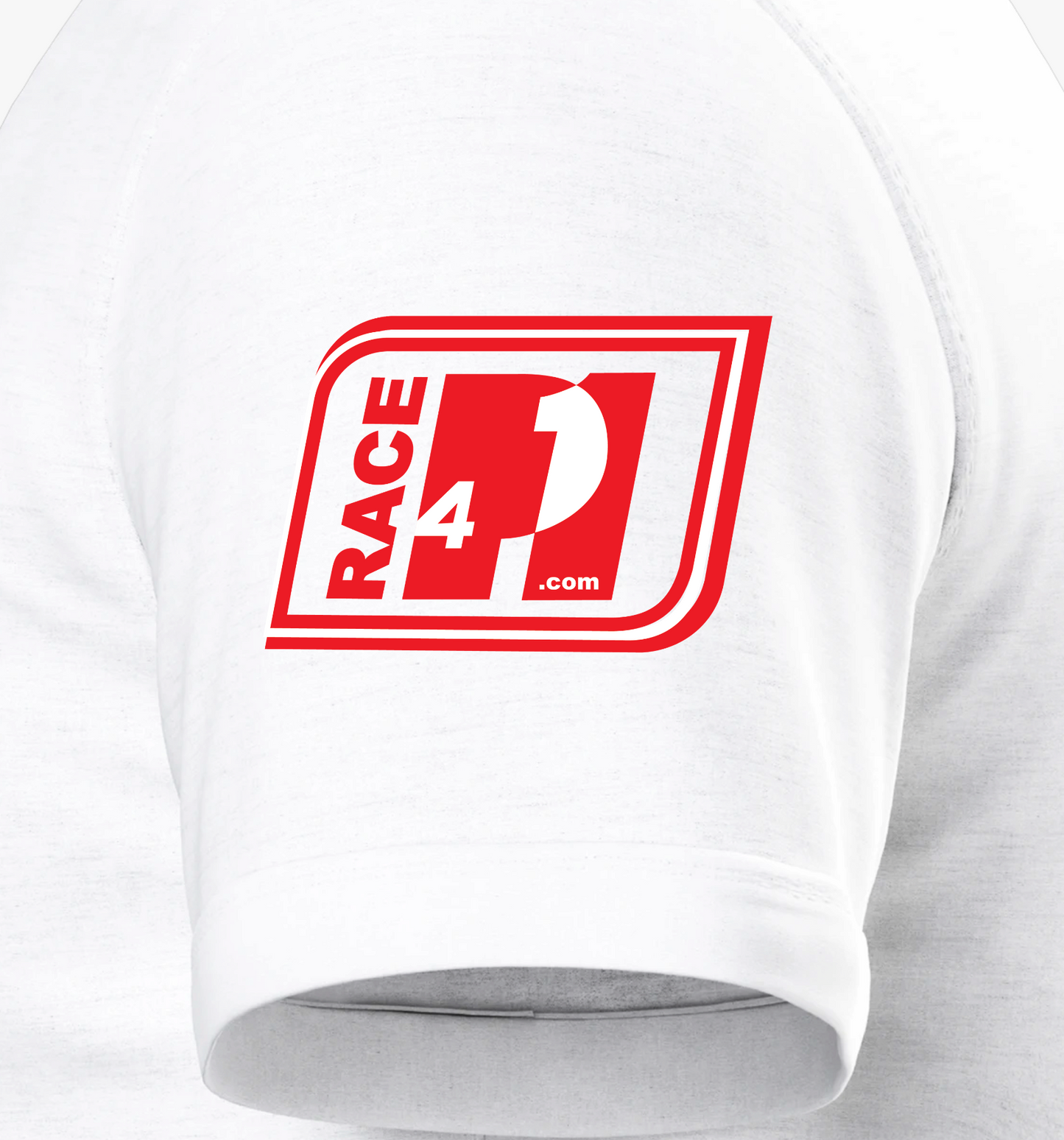 Close-up of Race4P1 sleeve patch on white Bella+Canvas 3001 T-shirt.