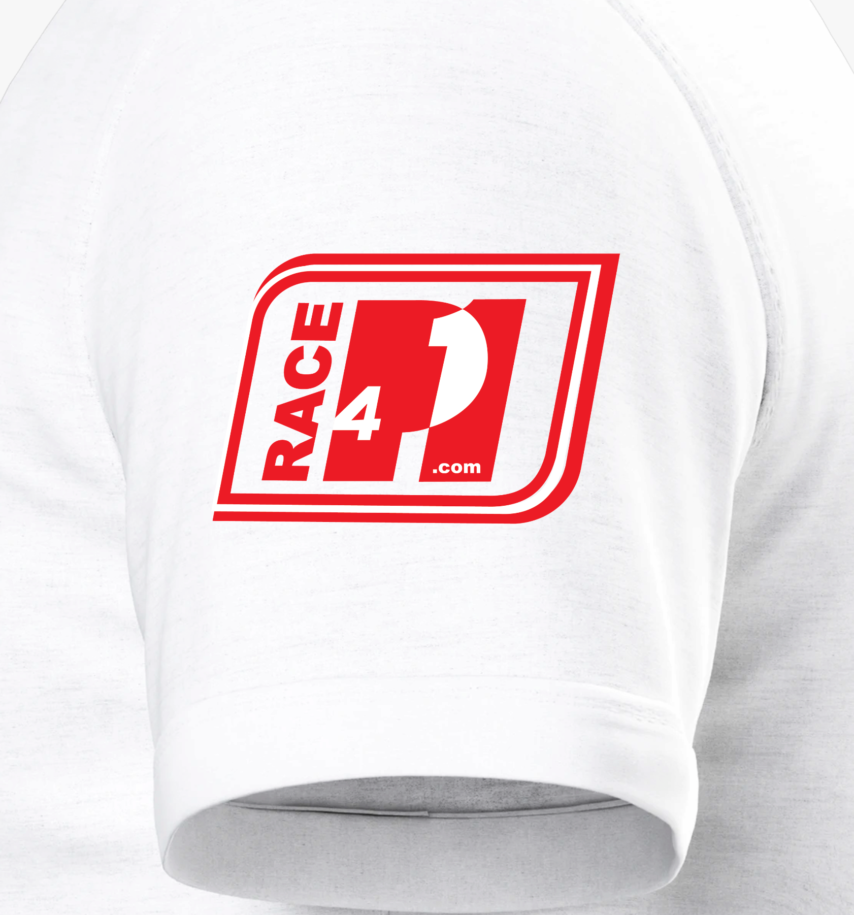 Close-up of Race4P1 sleeve patch on white Bella+Canvas 3001 T-shirt.