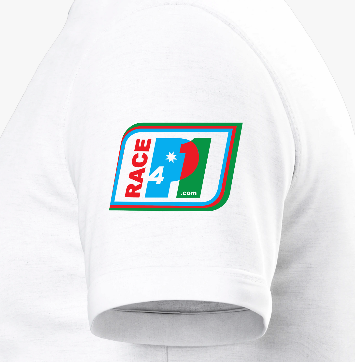 Close-up of Race4P1 sleeve patch on white Bella+Canvas 3001 T-shirt