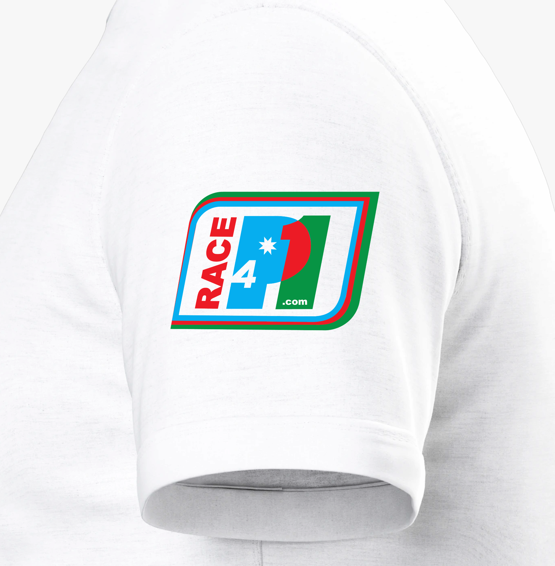 Close-up of Race4P1 sleeve patch on white Bella+Canvas 3001 T-shirt