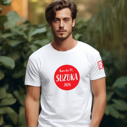 Male model wearing a white I Love Racing Suzuka Track Week 2026 t-shirt with red circle graphic reading Race for P1 Suzuka 2026