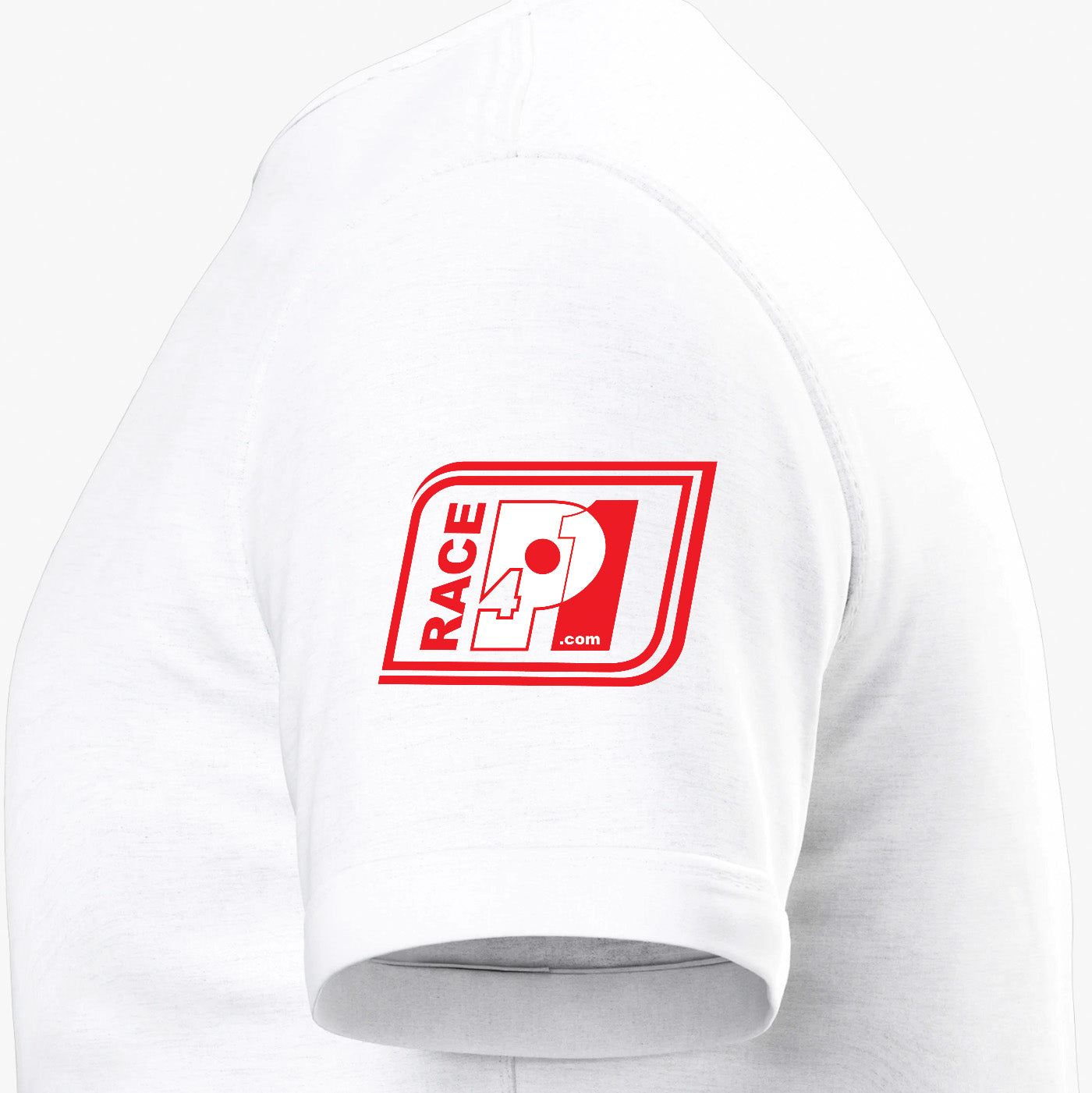 Close-up of Race4P1 sleeve patch on a white I Love Racing Suzuka Track Week 2026 t-shirt