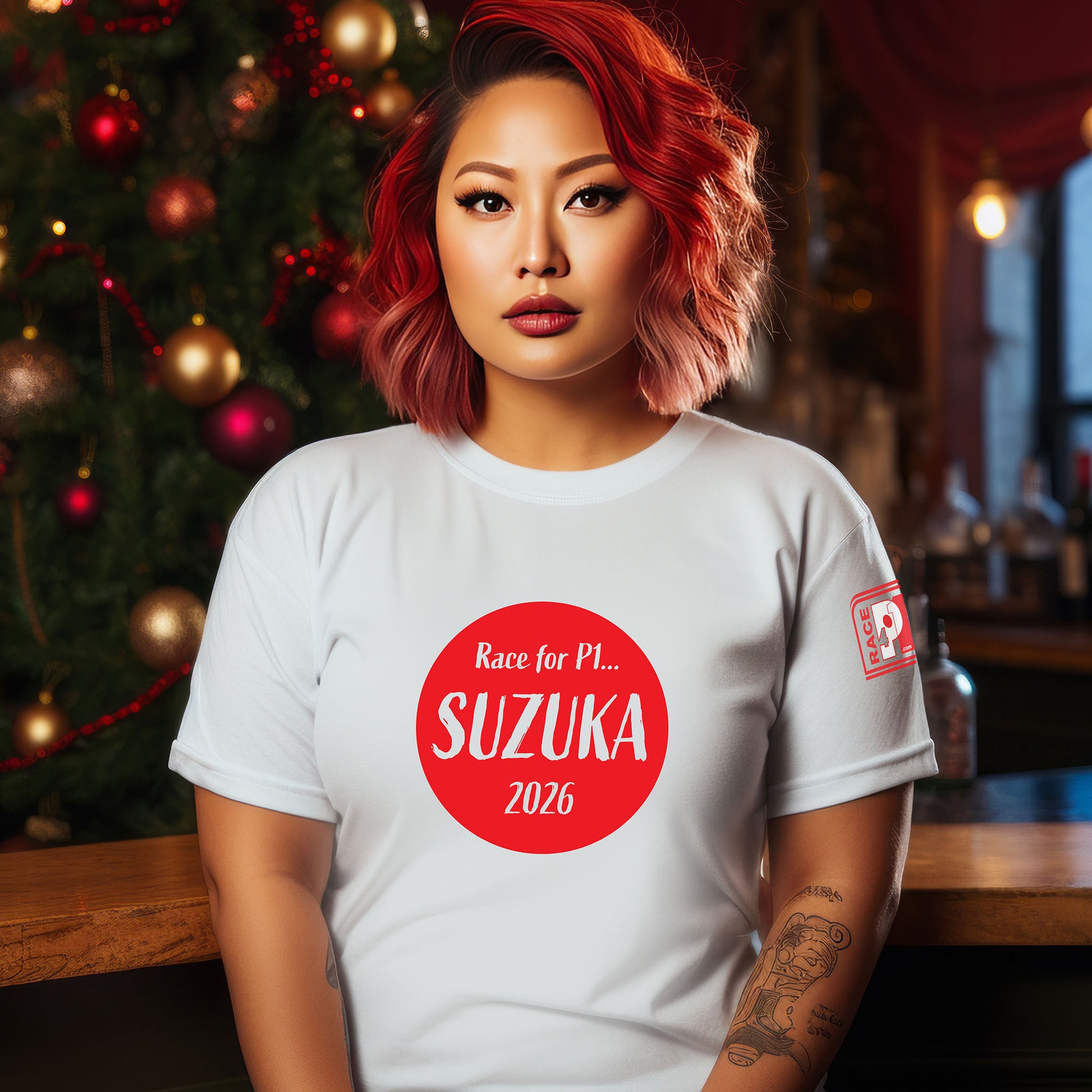 Female model wearing a white I Love Racing Suzuka Track Week 2026 t-shirt