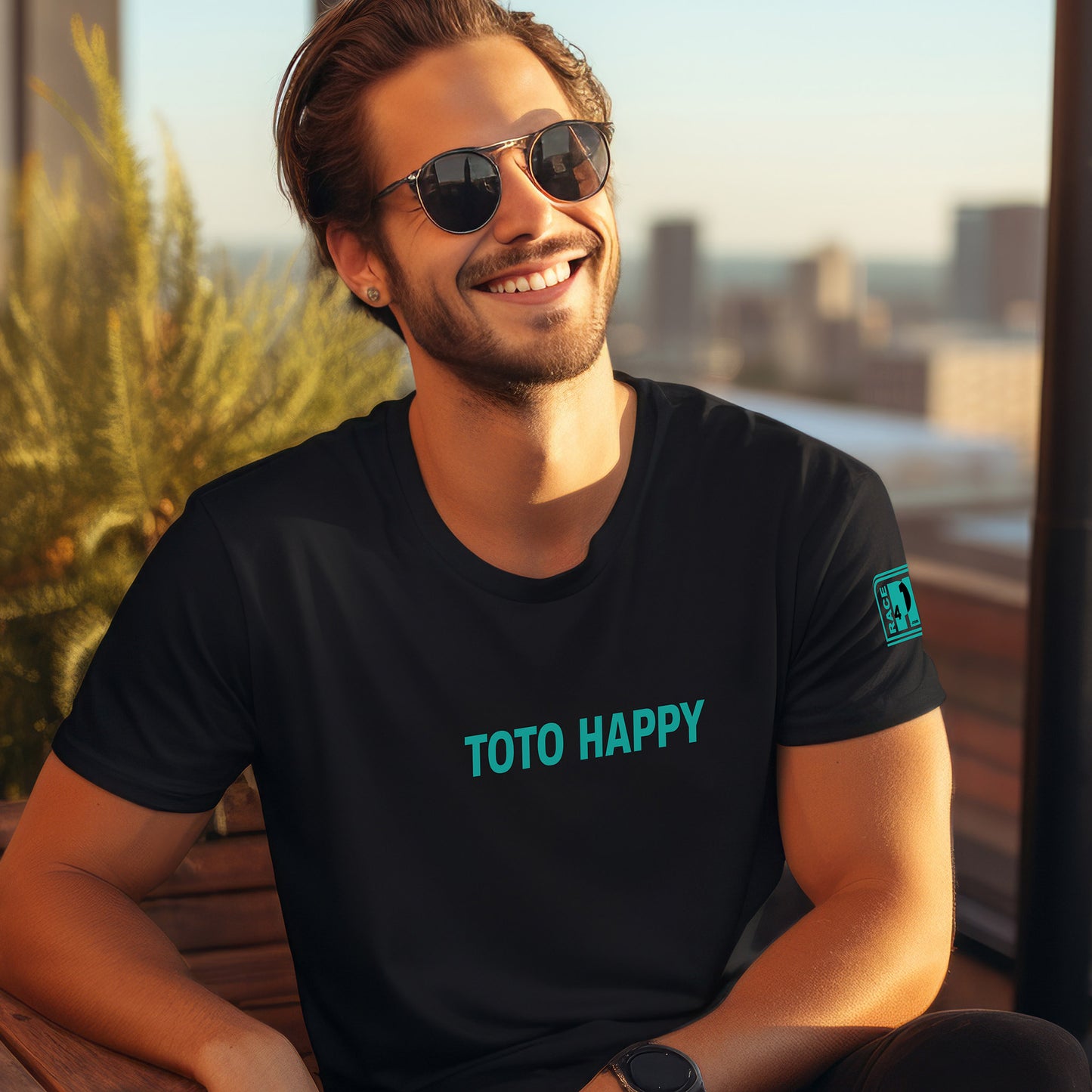 Man wearing TOTO HAPPY full chest black tee – Race4P1 Originals motorsport lifestyle tee with teal print