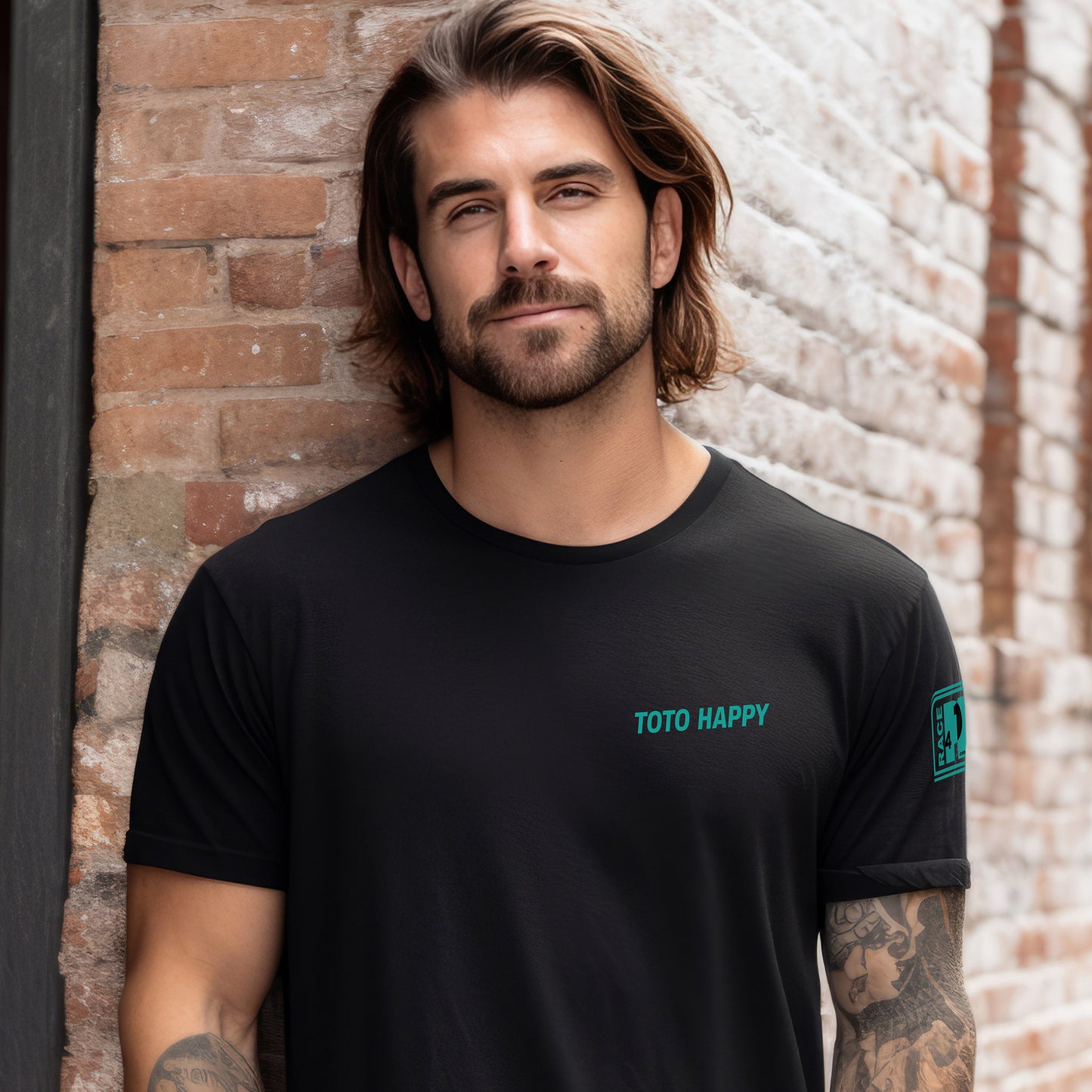 Man wearing TOTO HAPPY left chest black tee – Race4P1 Originals motorsport lifestyle tee with small teal print