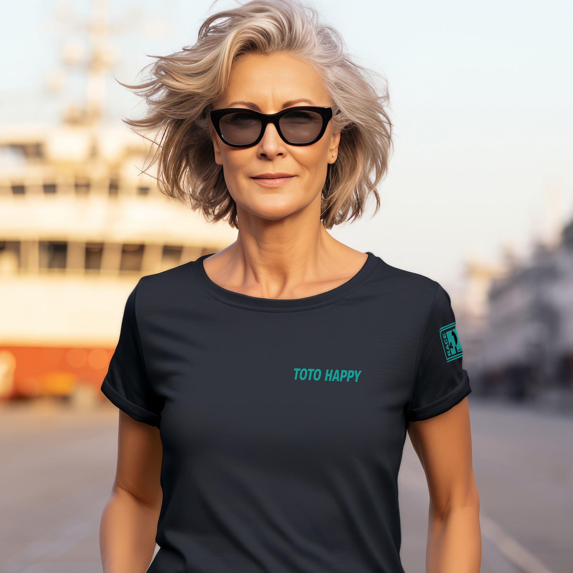 Woman wearing TOTO HAPPY left chest black tee – Race4P1 Originals motorsport lifestyle tee with small teal print