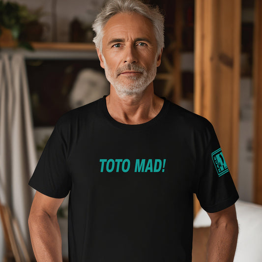 Man wearing TOTO MAD! full chest black tee – Race4P1 Originals motorsport lifestyle tee with teal print