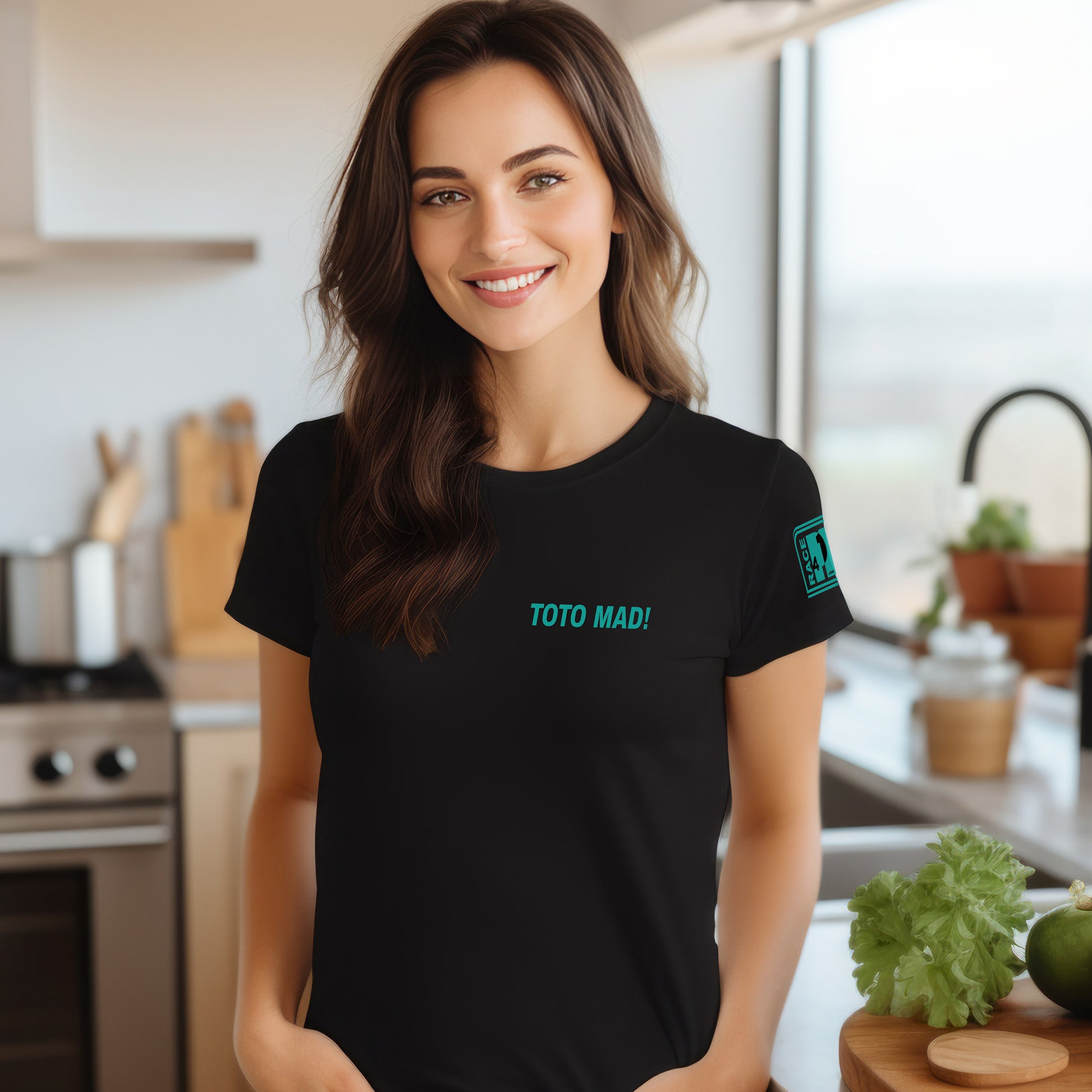 Woman wearing TOTO MAD! left chest black tee – Race4P1 Originals motorsport lifestyle tee with small teal print