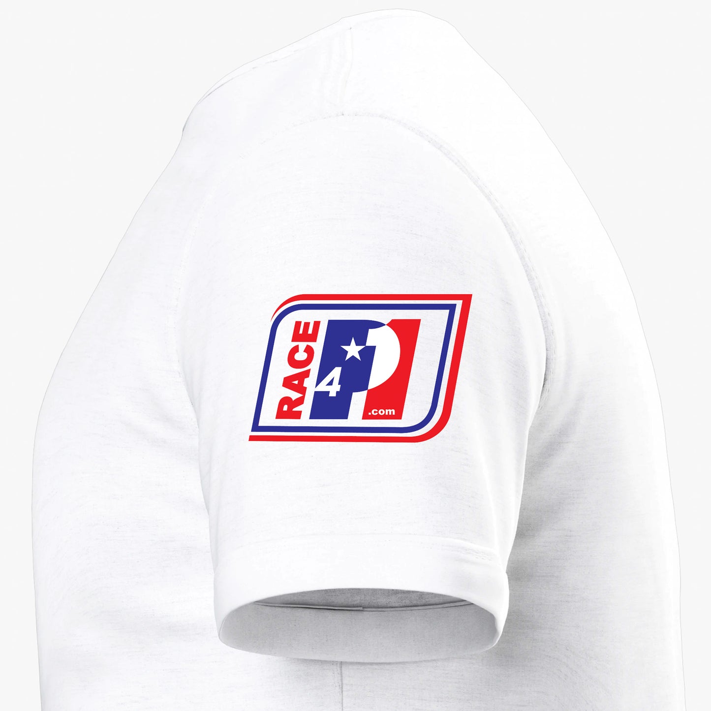 Close-up of Race4P1 sleeve patch on a white I Love Racing Texas Track Week 2026 t-shirt