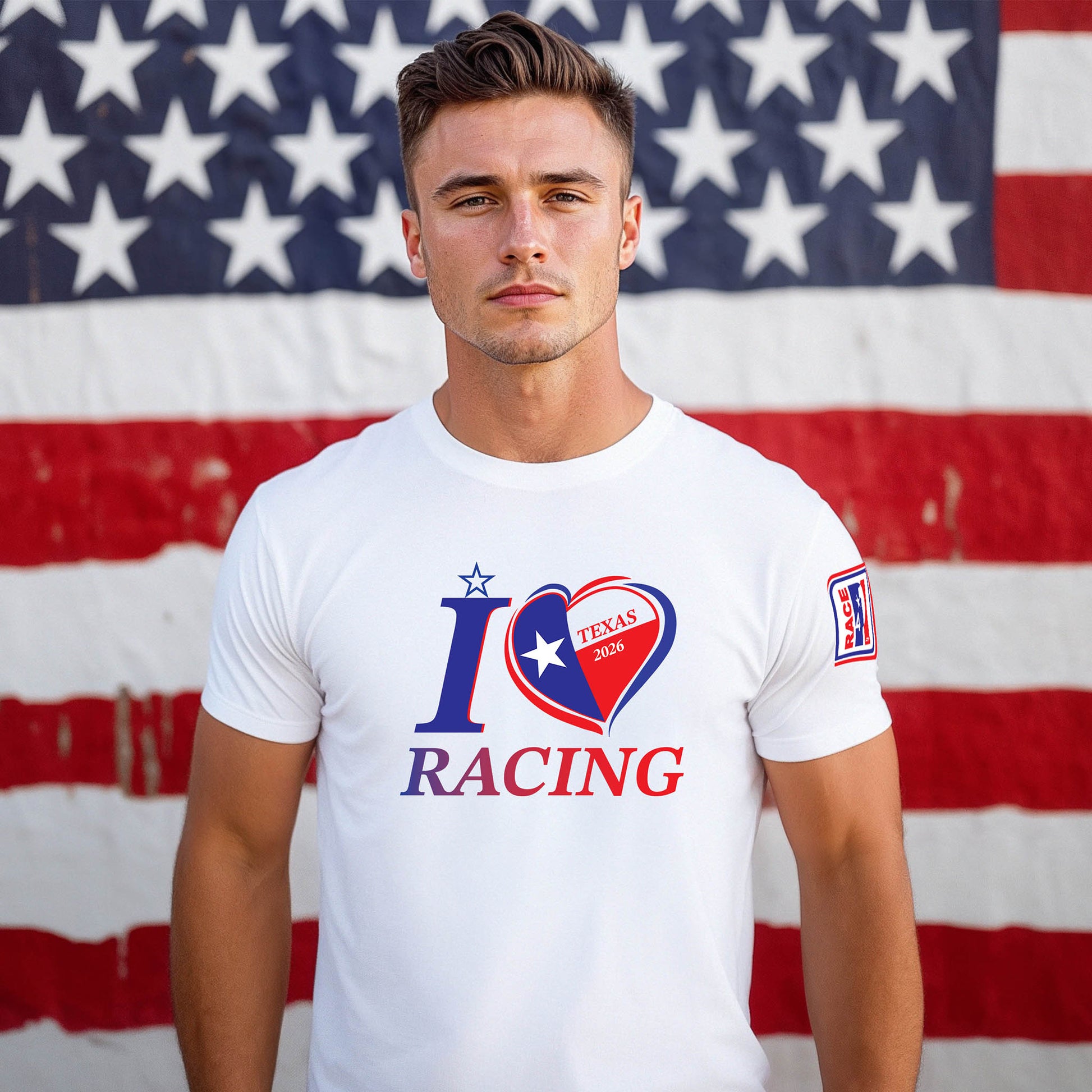 Male model wearing a white unisex racing t-shirt with I Love Racing graphic and Texas heart, Texas Track Week 2026