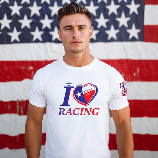 Male model wearing a white unisex racing t-shirt with I Love Racing graphic and Texas heart, Texas Track Week 2026