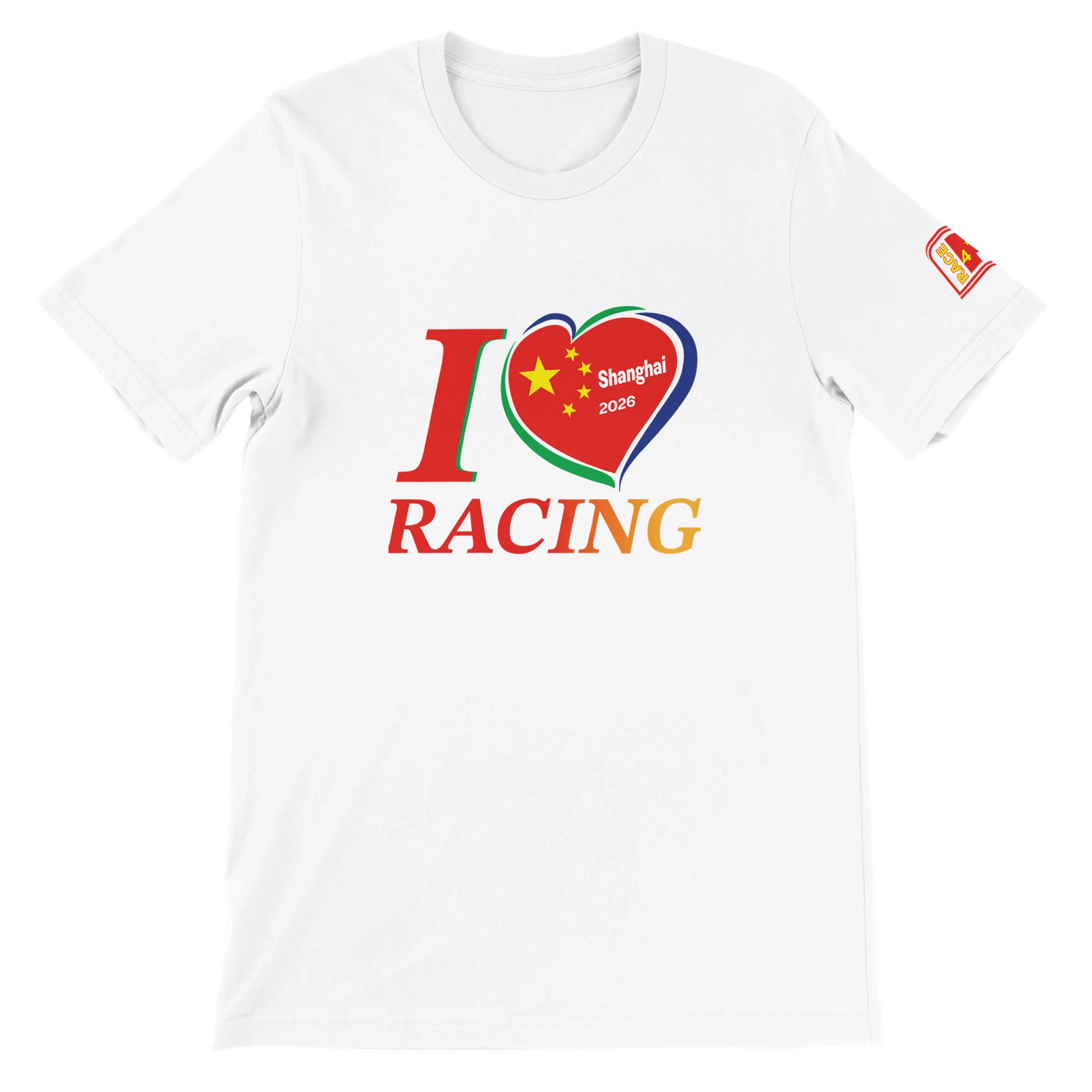 “White unisex racing t-shirt with I Love Racing graphic and China flag heart, Shanghai Track Week 2026”