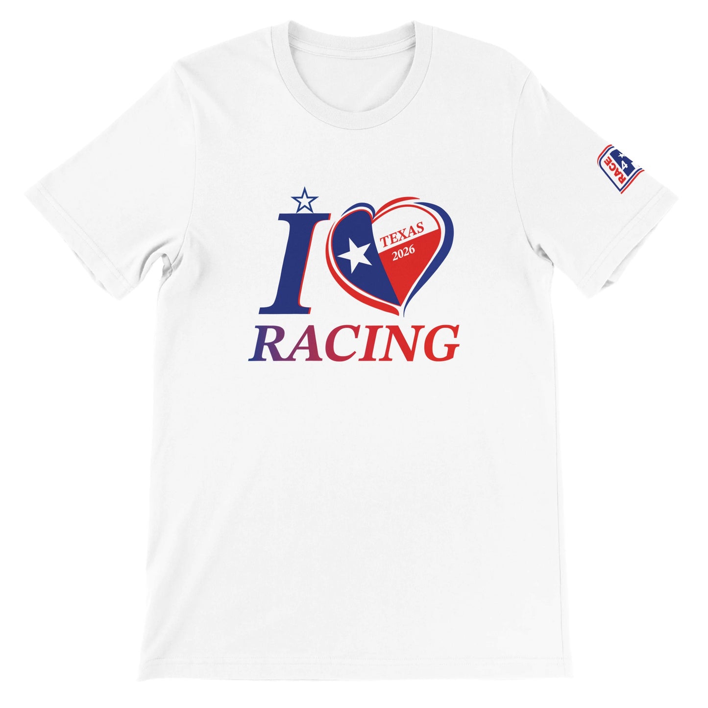 “White unisex racing t-shirt with I Love Racing graphic and Texas heart, Austin Track Week 2026”