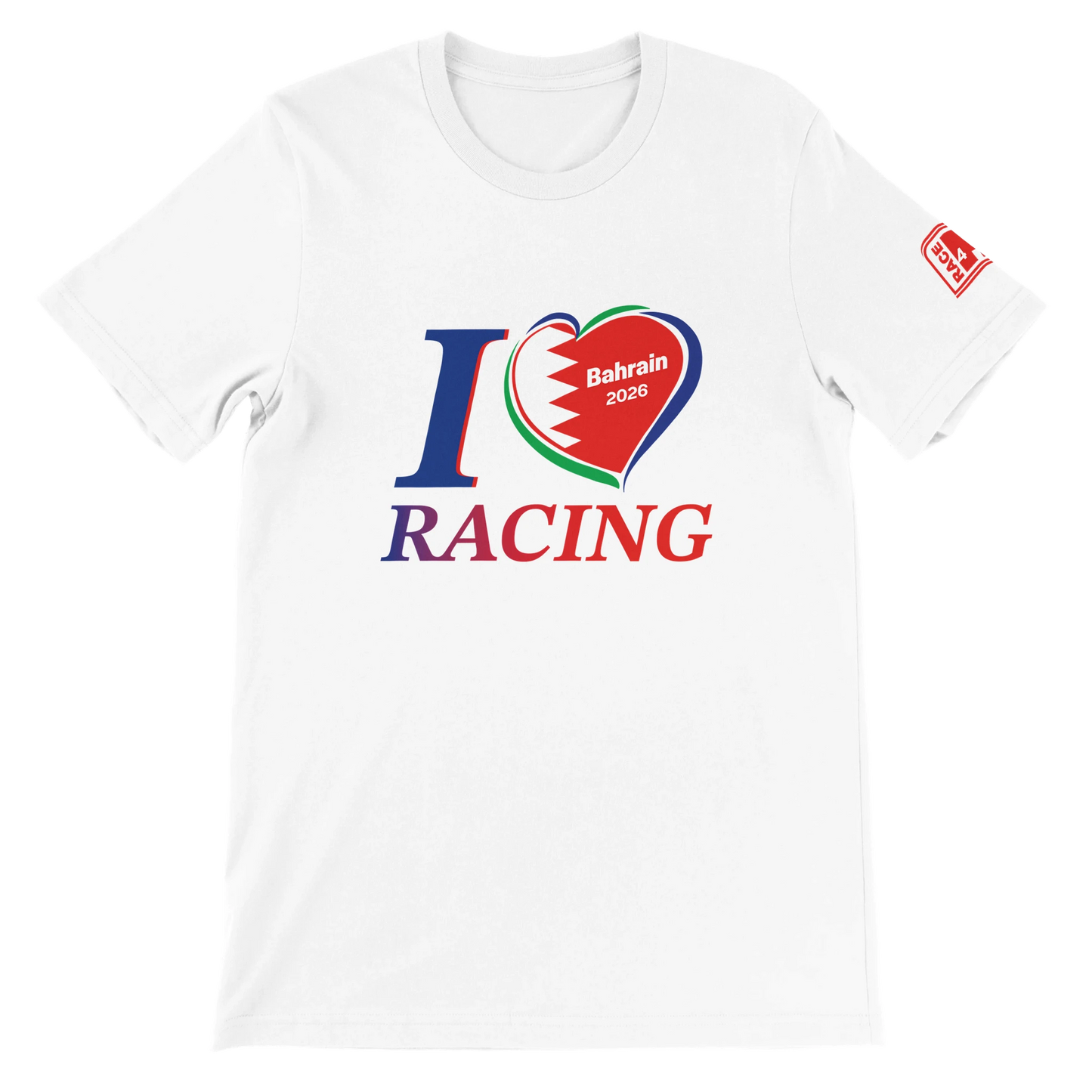 “White unisex racing t-shirt with I Love Racing graphic and Bahrain flag heart, Track Week 2026”