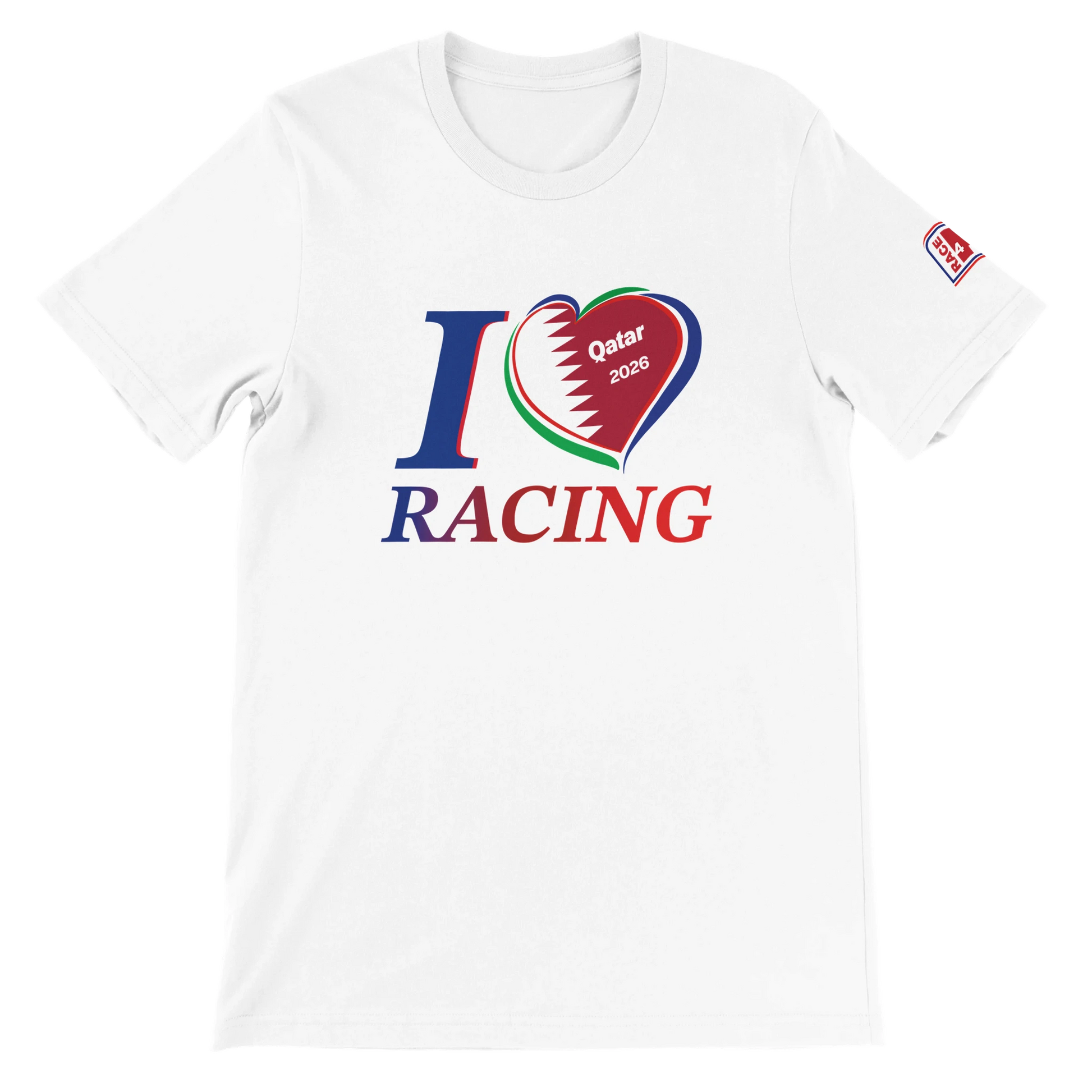White Bella+Canvas 3001 t-shirt with I Love Racing Qatar Track Week 2026 graphic on the front