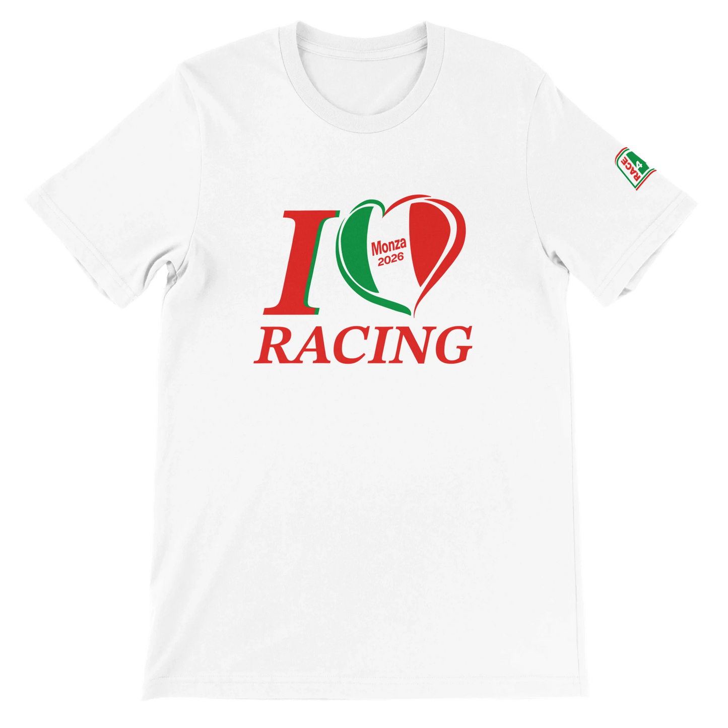 White Bella+Canvas 3001 t-shirt with I Love Racing Monza Italy Track Week 2026 graphic on the front