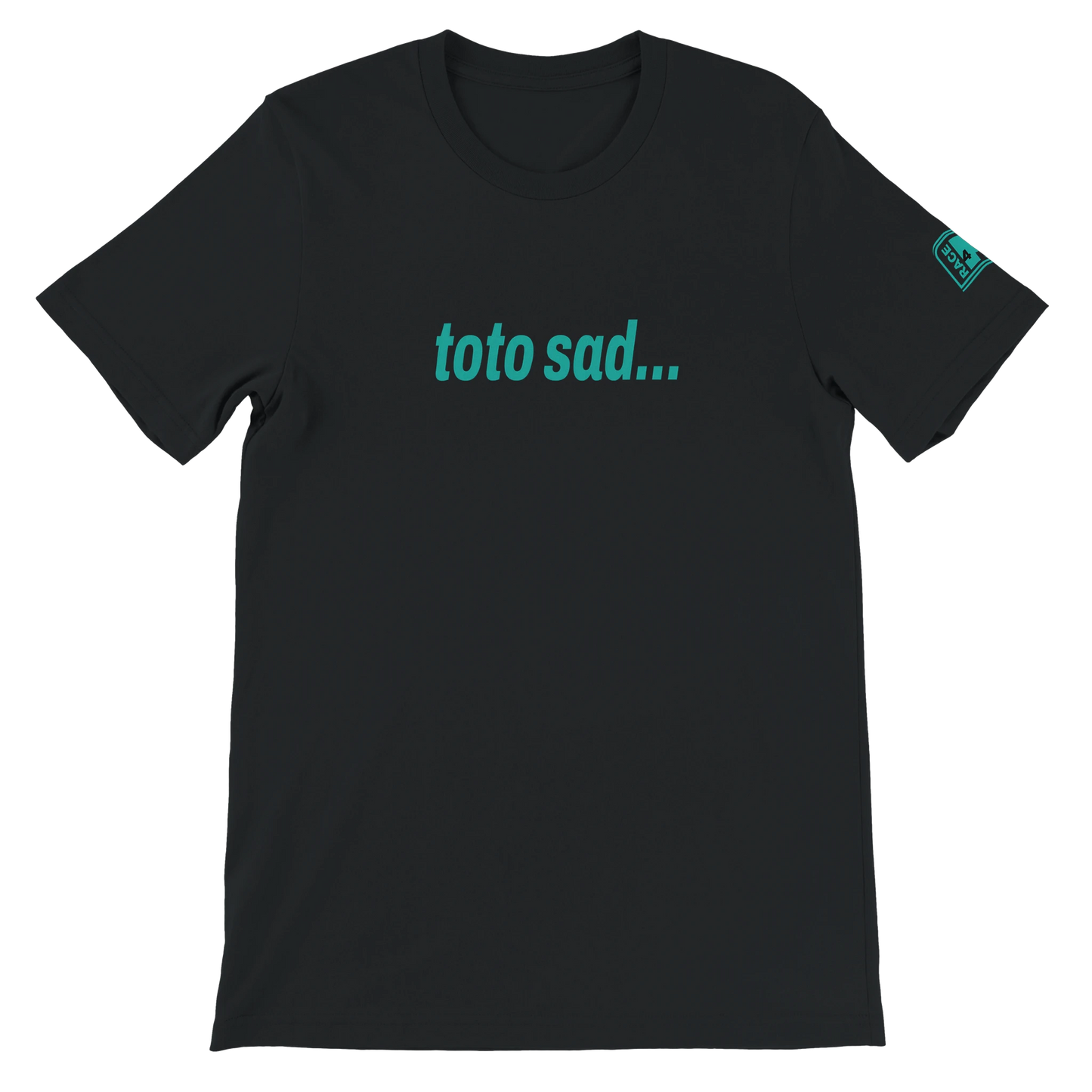 TOTO SAD Race4P1 Originals – teal full chest print on black Bella+Canvas 3001 unisex tee