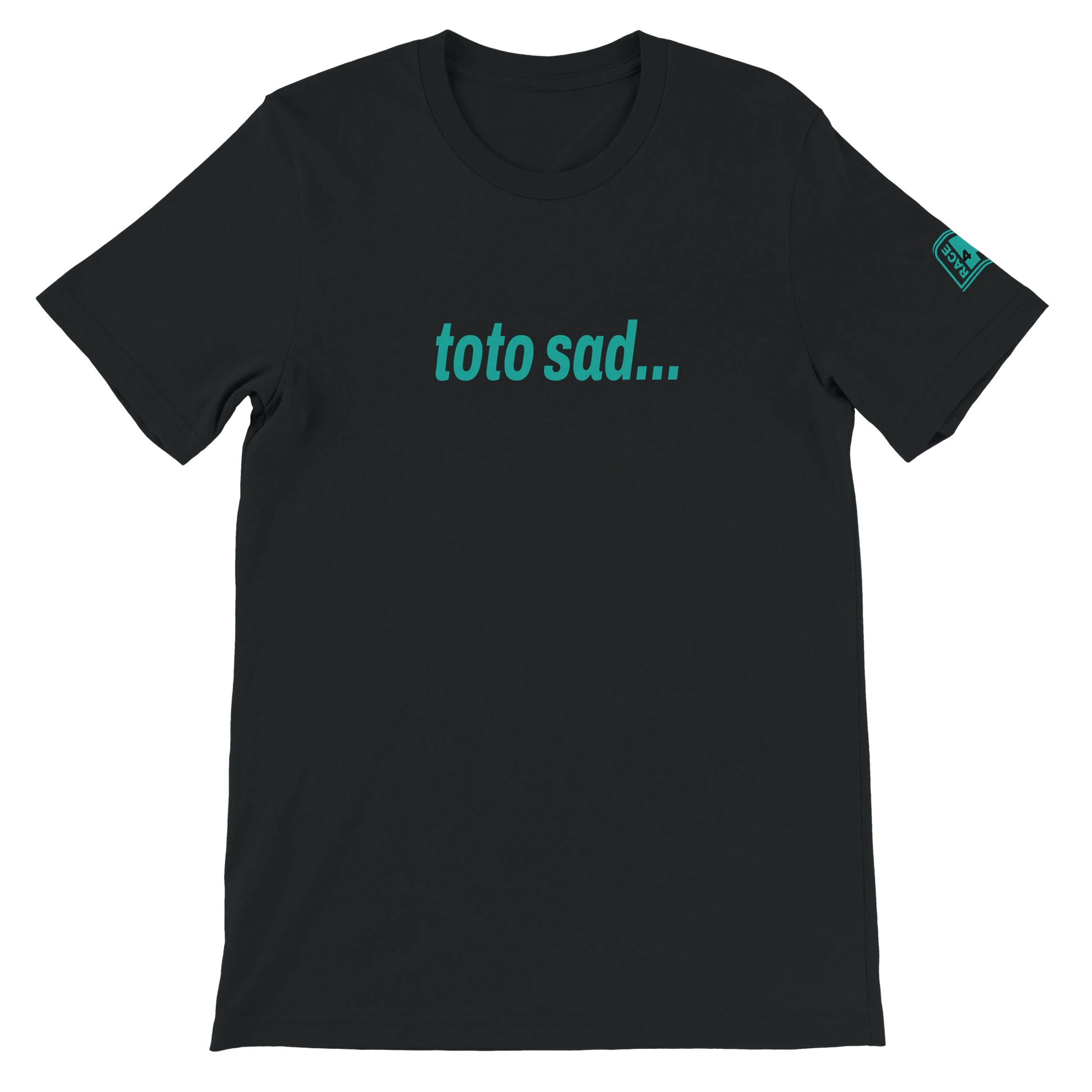 TOTO SAD Race4P1 Originals – teal full chest print on black Bella+Canvas 3001 unisex tee