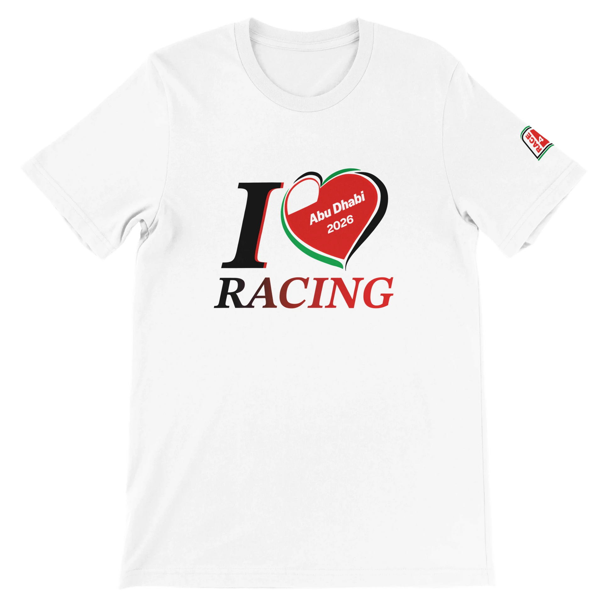 White Bella+Canvas 3001 t-shirt with I Love Racing Abu Dhabi Yas Marina Track Week 2026 graphic on the front