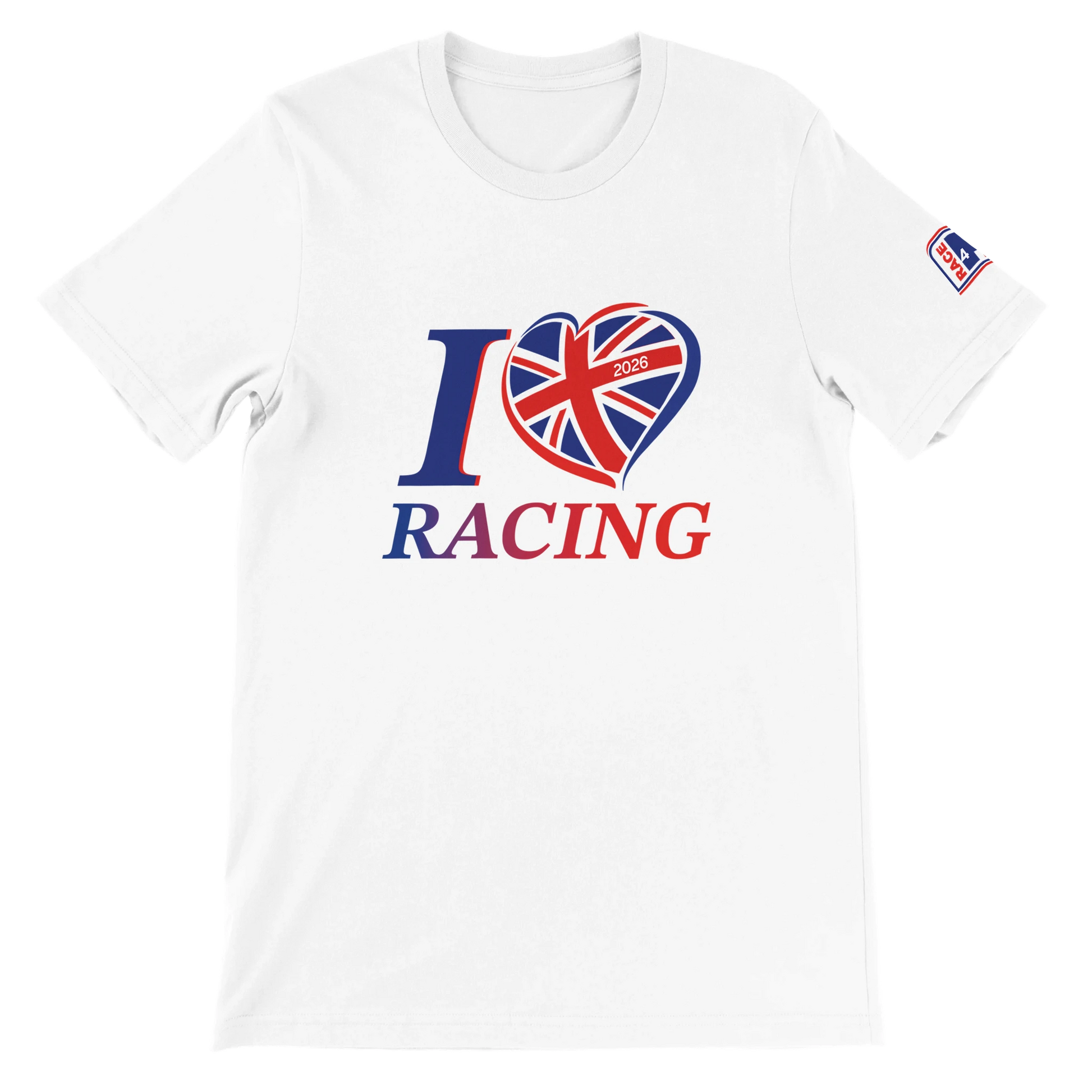White Bella+Canvas 3001 t-shirt with I Love Racing Great Britain 2026 Union Jack graphic on the front