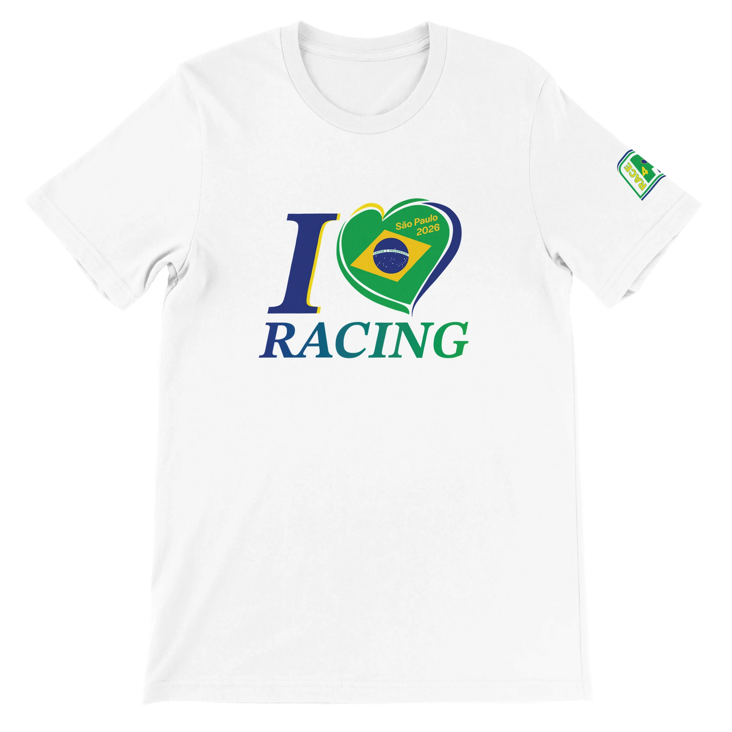 White Bella+Canvas 3001 T-shirt with I Love Racing São Paulo Brazil Track Week 2026 graphic on the front
