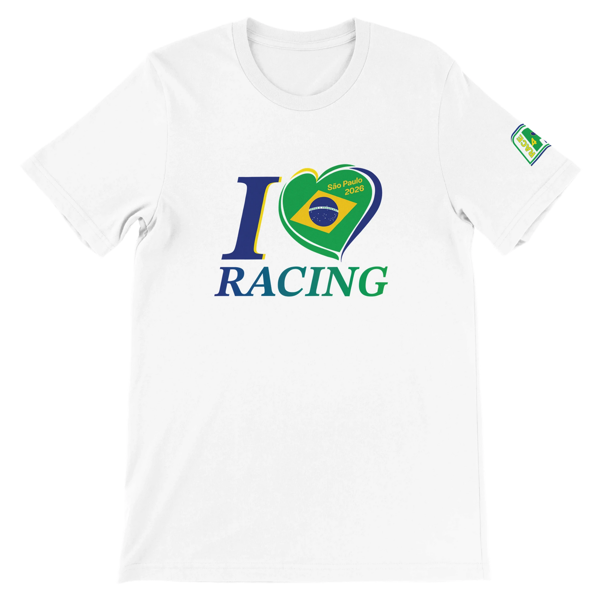 White Bella+Canvas 3001 T-shirt with I Love Racing São Paulo Brazil Track Week 2026 graphic on the front