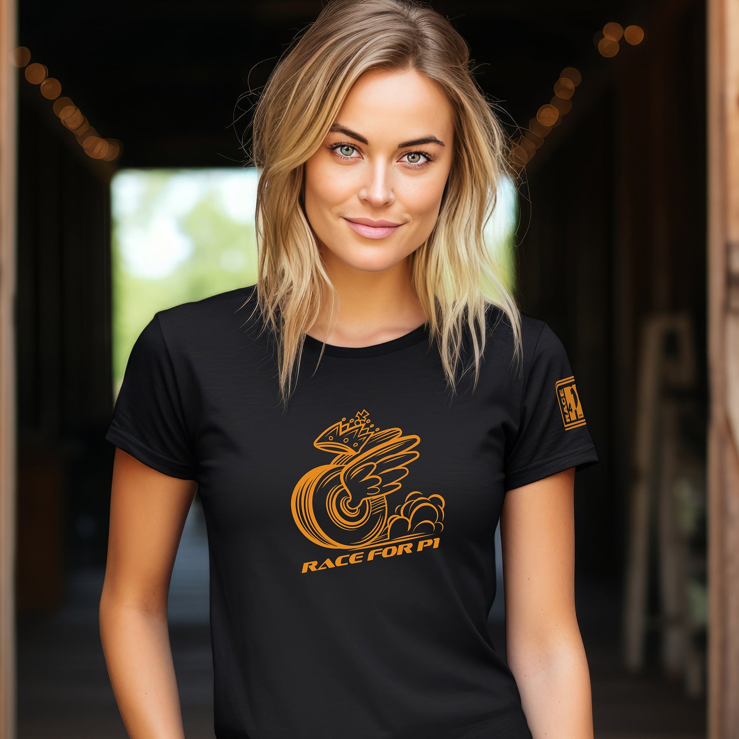 Woman wearing RACE FOR P1 mascot black tee – Race4P1 Originals motorsport lifestyle tee with papaya orange print