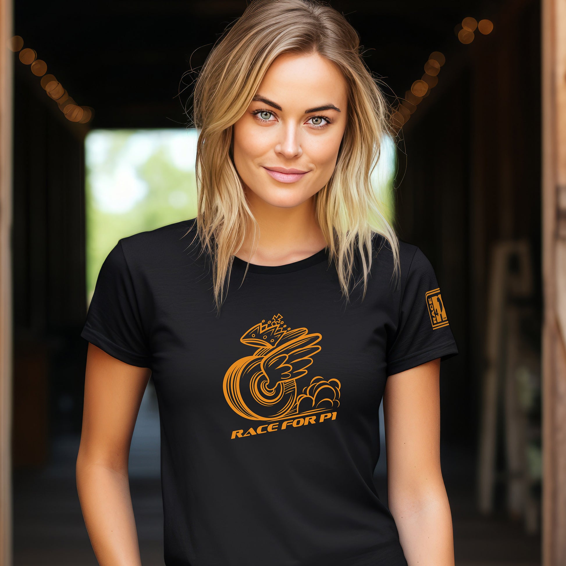 Woman wearing RACE FOR P1 mascot black tee – Race4P1 Originals motorsport lifestyle tee with papaya orange print