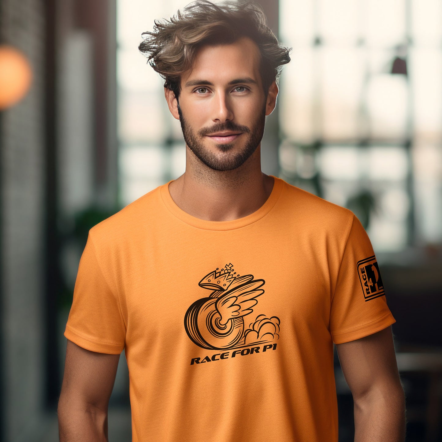 Man wearing RACE FOR P1 mascot papaya orange tee – Race4P1 Originals motorsport lifestyle tee with black print
