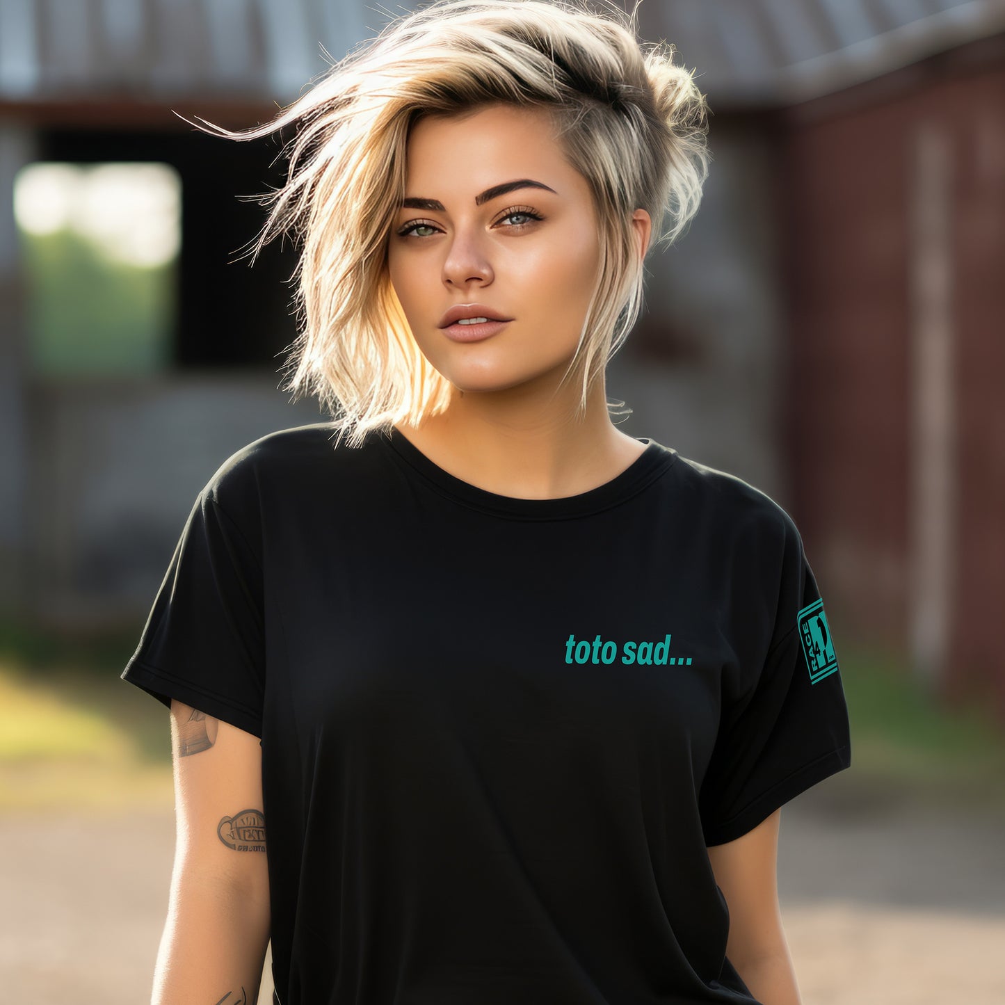 Woman wearing TOTO SAD left chest black tee – Race4P1 Originals motorsport lifestyle tee with small teal print